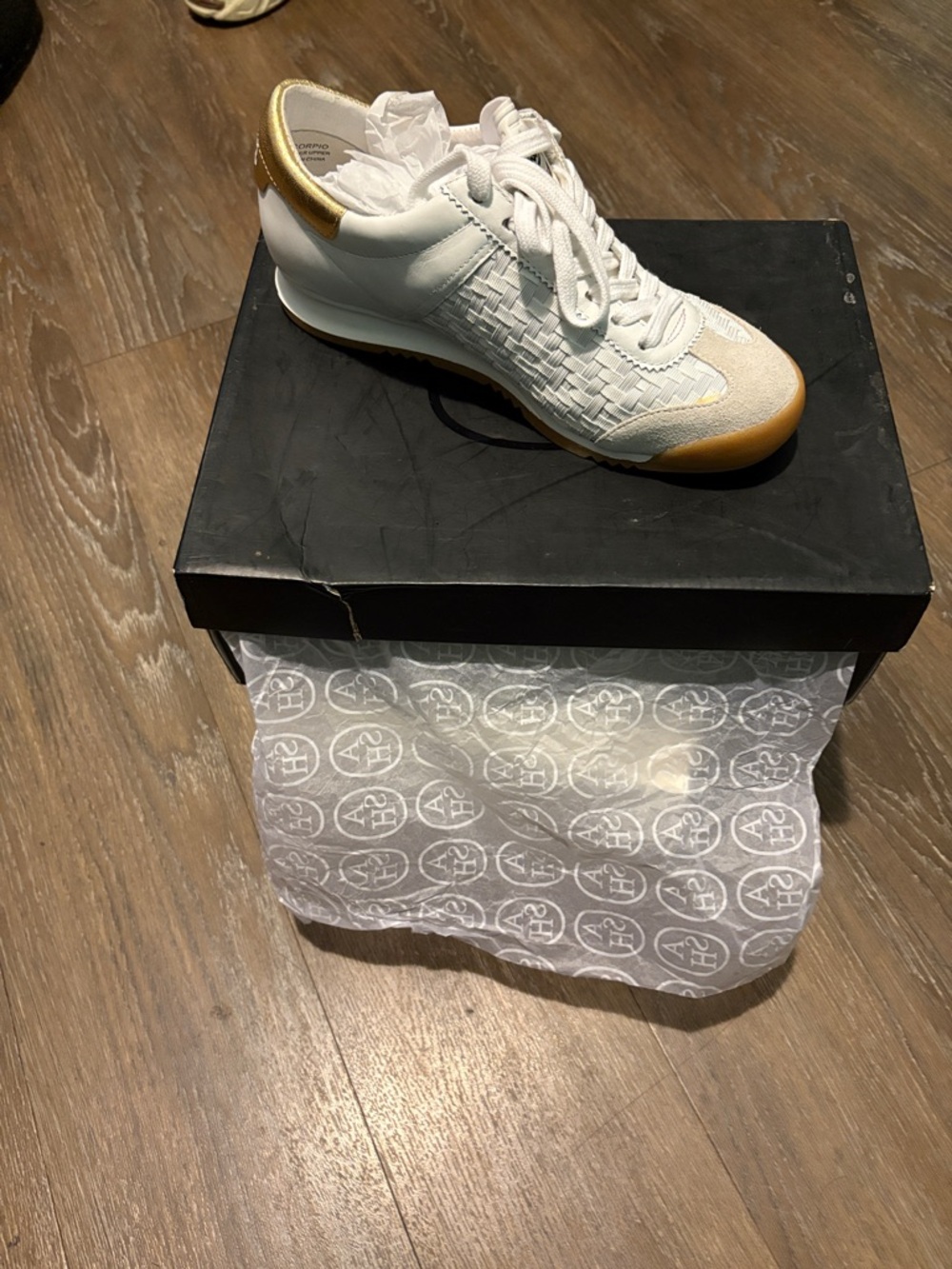 Ash White Woven Leather Sneaker with Gold Trim